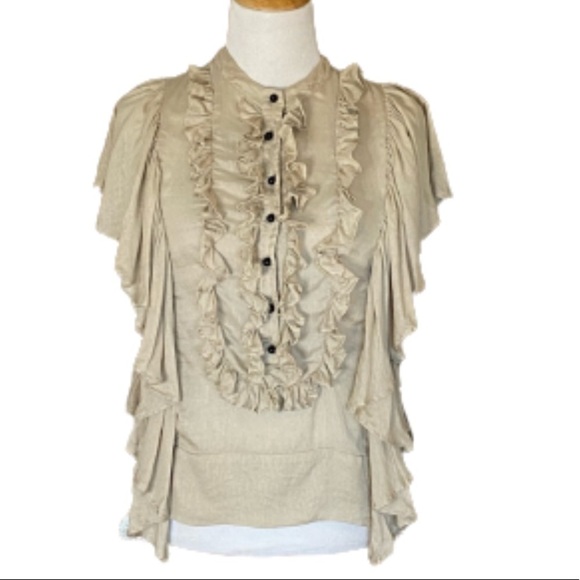 Robert Rodriguez Taupe Silk Ruffle Short Sleeve Top Size 6 - Picture 1 of 7